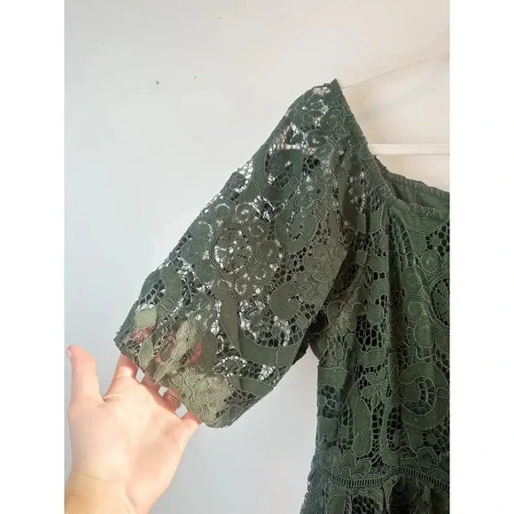 Nanette Lepore Dark Green Lace Midi Dress Puff Sleeve Holiday Size 8 - Picture 6 of 13